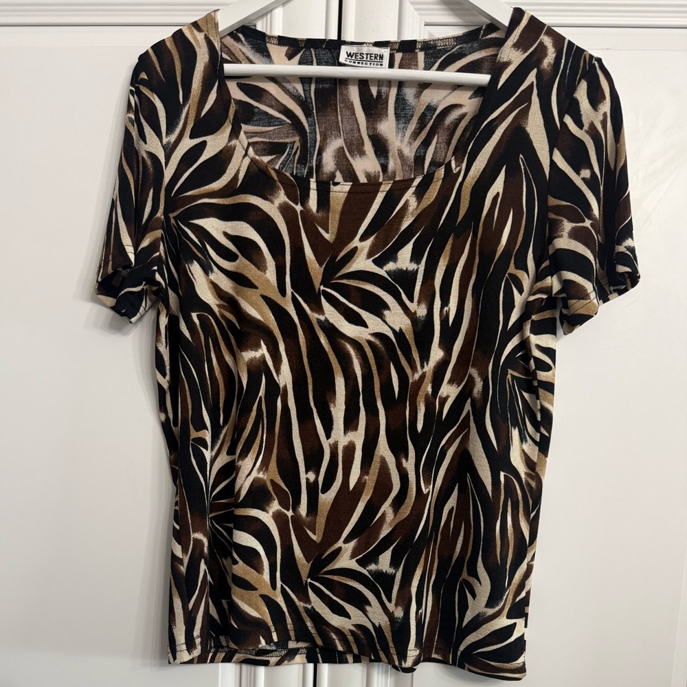 Western Connection Large Short Sleeve Square Neck Top In Black/Brown Zebra Print